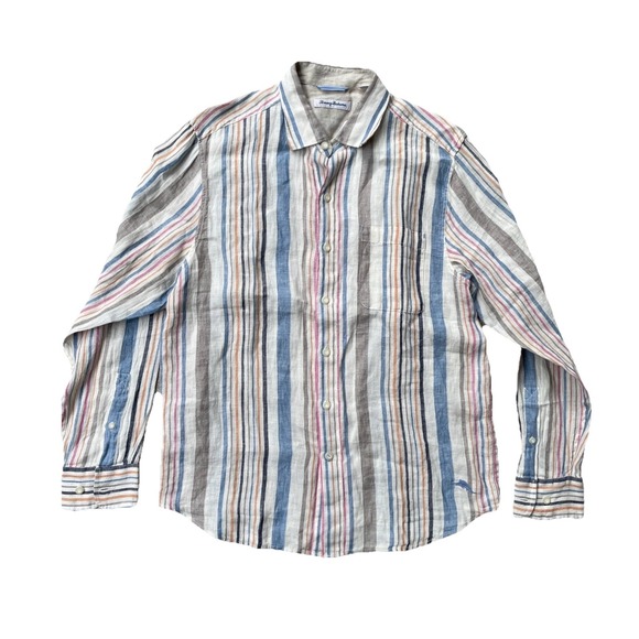 Men's Tommy Bahama Linen Button Up Shirt Medium Long Sleeve Multicolor Striped